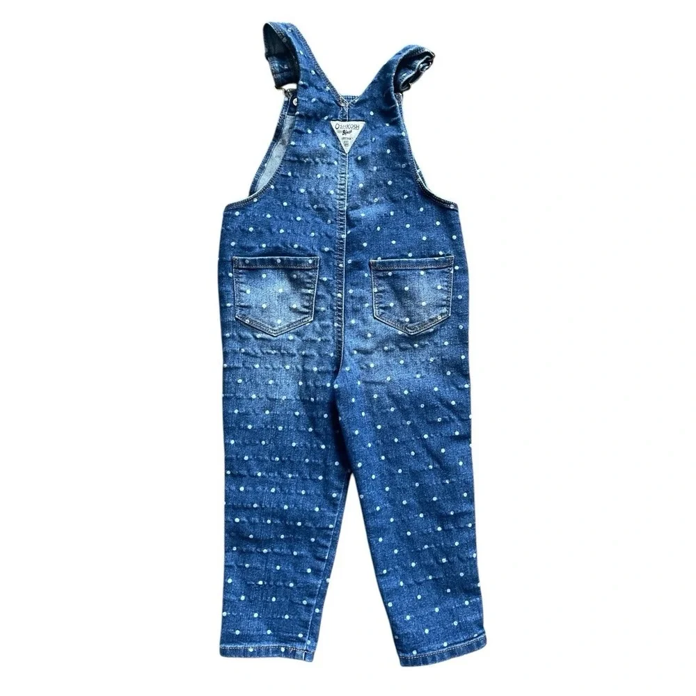 OshKosh B'gosh Overalls Toddler 3T Blue Polka Dot Stretch Denim EUC
